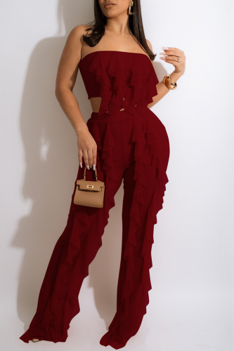 Burgundy Sleeveless Off Shoulder Ruffled Trim Crop Top and Pants Casual Vacation Two Piece Pants Set
