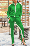 Light Green Casual Solid Patchwork Slit Zipper Collar Long Sleeve Two Pieces