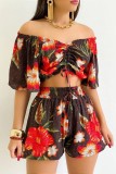 Khaki Floral Print Off Shoulder Short Sleeve Crop Top and Shorts Daily Vacation Two Piece Matching Set