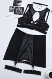 Black Sexy Solid Hollowed Out Patchwork See-through Metal Accessories Decoration Lingerie(Three Piece Sets)