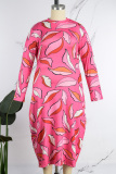 Rose Red Casual Print Basic O Neck Long Sleeve Plus Size Dresses