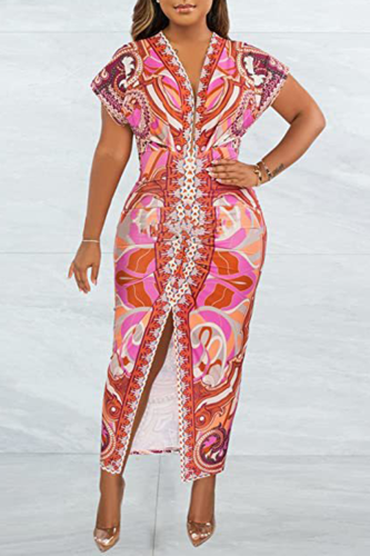 Rose Red Elegant Print Patchwork Slit Fold V Neck One Step Skirt Dresses