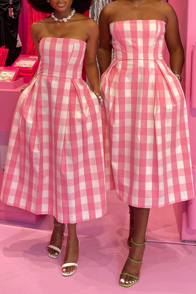 y2k hot pink plaid print strapless formal dress
