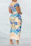Blue Elegant Print Patchwork Slit Fold V Neck One Step Skirt Dresses