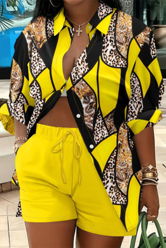 Yellow Casual Print Patchwork Buttons Shirt Collar Short Sleeve Two Pieces
