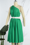 Green Casual Solid Backless With Belt Oblique Collar Sleeveless Dress Dresses