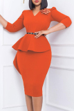 Orange Casual Solid Patchwork With Belt V Neck Wrapped Skirt Dresses