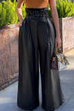 Black Fashion Casual Solid Patchwork With Belt Zipper Loose High Waist Wide Leg Solid Color Bottoms