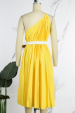 Yellow Casual Solid Backless With Belt Oblique Collar Sleeveless Dress Dresses