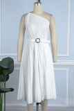 White Casual Solid Backless With Belt Oblique Collar Sleeveless Dress Dresses