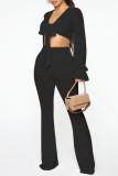 Black Sexy Casual Solid Patchwork Frenulum See-through V Neck Long Sleeve Two Pieces