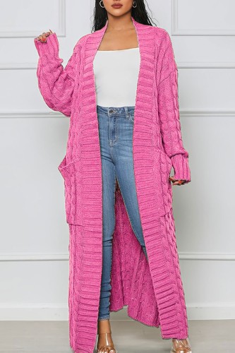 Pink Casual Street Solid Slit Cardigan Weave Outerwear
