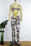 Light Gray Sexy Print Hollowed Out Backless U Neck Skinny Jumpsuits