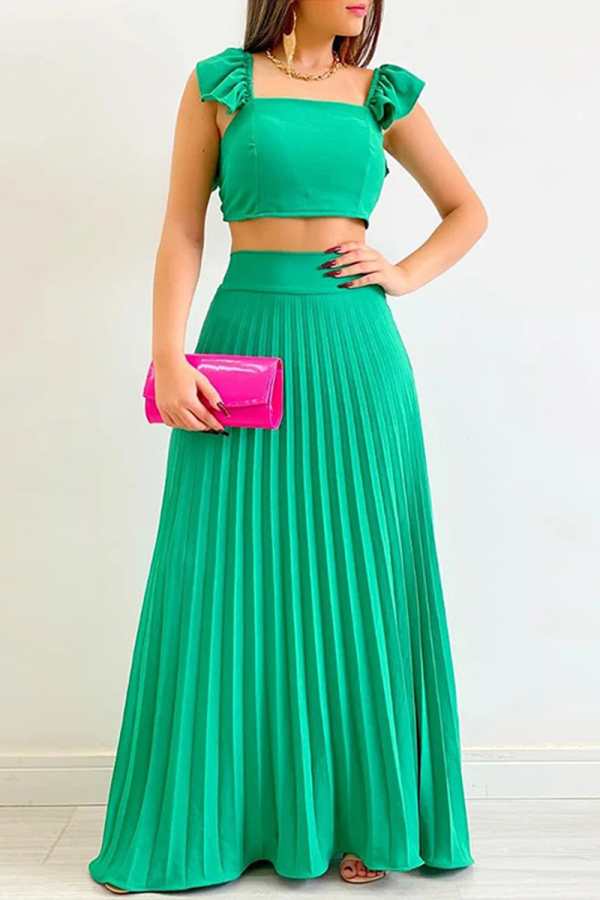 Green Celebrities Elegant Solid Fold Square Collar Sleeveless Two Pieces