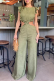 Yellow Casual Simplicity Solid Flounce O Neck Regular Jumpsuits