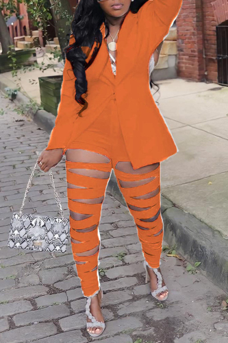 Tangerine Red Sexy Street Solid Hollowed Out Patchwork Buttons Turn-back Collar Two Pieces