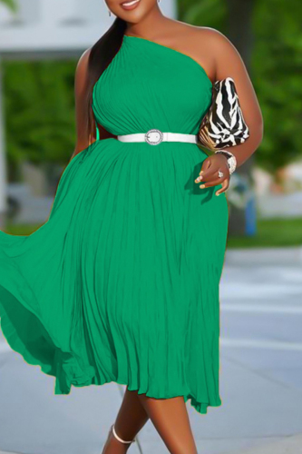 Green Casual Solid Backless With Belt Oblique Collar Sleeveless Dress Dresses