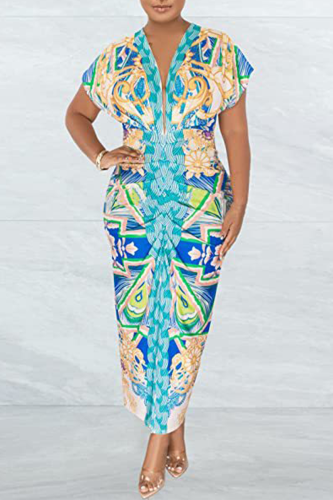 Blue Elegant Print Patchwork Slit Fold V Neck One Step Skirt Dresses