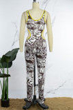 Light Gray Sexy Print Hollowed Out Backless U Neck Skinny Jumpsuits