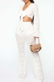 White Sexy Casual Solid Patchwork Frenulum See-through V Neck Long Sleeve Two Pieces