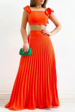 Tangerine Red Celebrities Elegant Solid Fold Square Collar Sleeveless Two Pieces