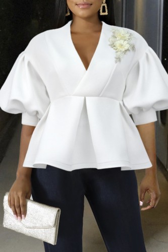 White Casual Solid Embroidered V Neck Tops