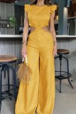 Yellow Casual Simplicity Solid Flounce O Neck Regular Jumpsuits