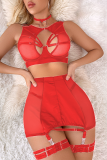 Red Sexy Solid Hollowed Out Patchwork See-through Metal Accessories Decoration Lingerie(Three Piece Sets)