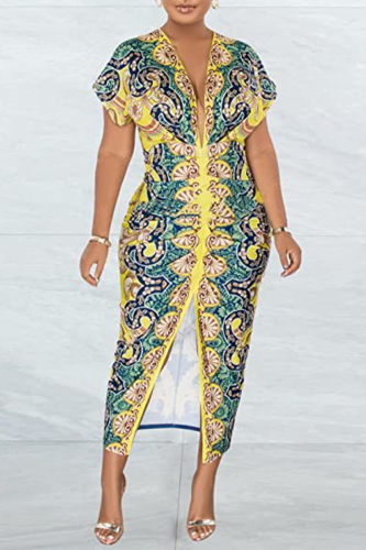 Yellow Elegant Print Patchwork Slit Fold V Neck One Step Skirt Dresses