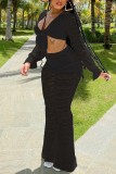 Black Sexy Casual Solid Patchwork Frenulum See-through V Neck Long Sleeve Two Pieces