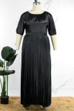 Green Elegant Solid Patchwork Fold O Neck Pleated Plus Size Dresses