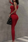 Red Sexy Solid Hollowed Out Patchwork Frenulum Oblique Collar Skinny Jumpsuits