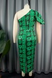Green Casual Print Backless Oblique Collar One Step Skirt Dresses