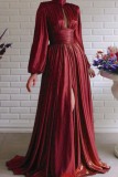 Red Casual Solid Hollowed Out Slit Turtleneck Long Dress Dresses