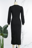 Black Elegant Solid Hollowed Out Patchwork Slit O Neck Wrapped Skirt Dresses
