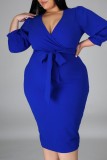 Blue Casual Solid Patchwork V Neck Long Sleeve Plus Size Dresses