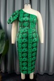 Green Casual Print Backless Oblique Collar One Step Skirt Dresses