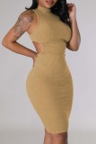 Light Green Casual Solid Hollowed Out Turtleneck Sleeveless Dress Dresses