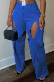 Turquoise Street Solid Hollowed Out Patchwork Regular High Waist Straight Solid Color Bottoms