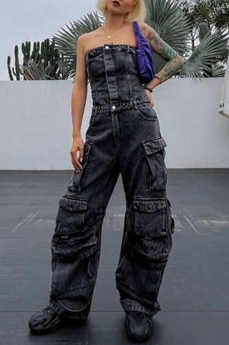 Dark Gray Casual Solid Ripped Patchwork Backless Strapless Sleeveless High Waist Regular Denim Jumpsuits