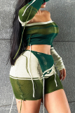 Green Casual Color Lump Hollowed Out Patchwork Contrast Strapless Long Sleeve Two Pieces