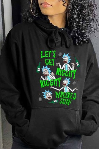 Black Casual Character Print Letter Hooded Collar Tops