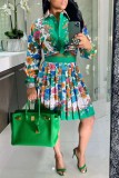 Green Casual Print Patchwork Pleated Shirt Collar Long Sleeve Two Pieces