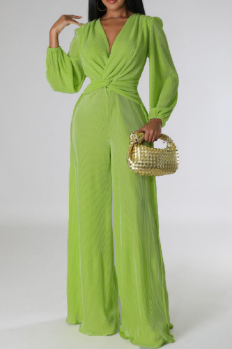 Light Green Casual Solid Patchwork V Neck Regular Jumpsuits