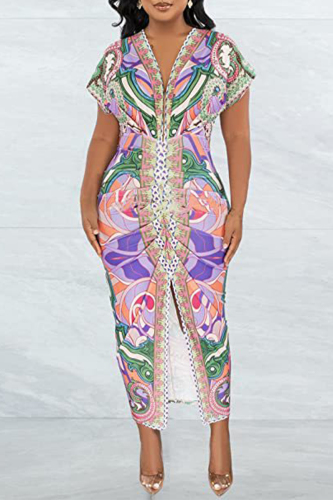 Purple Elegant Print Patchwork Slit Fold V Neck One Step Skirt Dresses