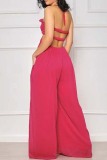 Red Sexy Casual Solid Bandage Backless Halter Regular Jumpsuits