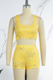 Yellow Casual Print Patchwork U Neck Sleeveless Two Pieces