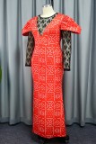 Red Casual Print Patchwork See-through O Neck Long Dress Dresses
