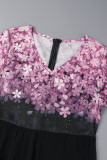 Black Purple Casual Print Patchwork O Neck Short Sleeve Dress Dresses