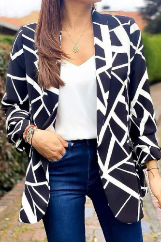 Black Casual Print Cardigan Turn-back Collar Outerwear
